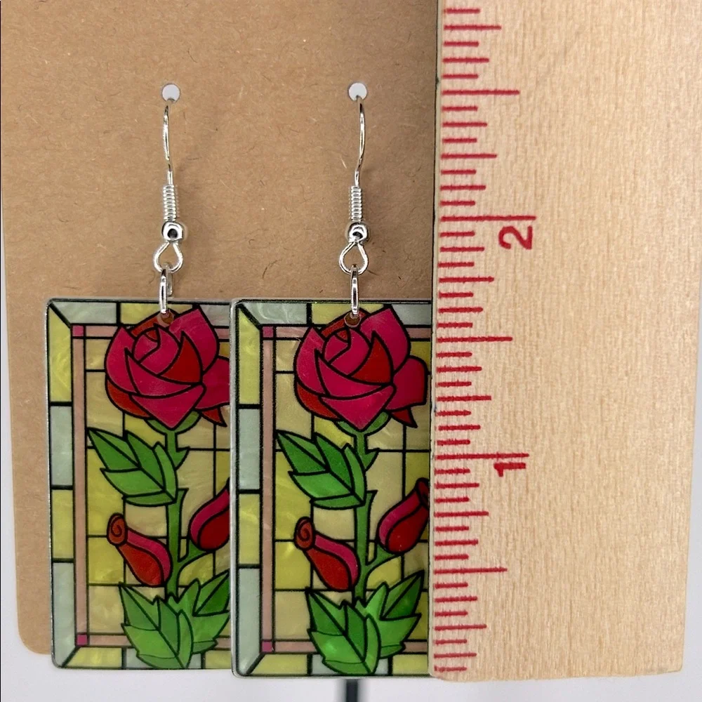 Acrylic Dangle Rose Stain Glass Design Dangle Earrings - Picture 2 of 3